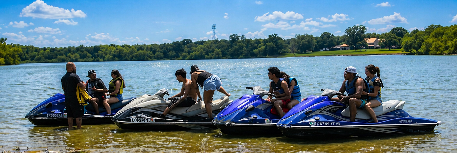 Shoreline customers getting ready on Yamaha jet skis at Lake Lewisville