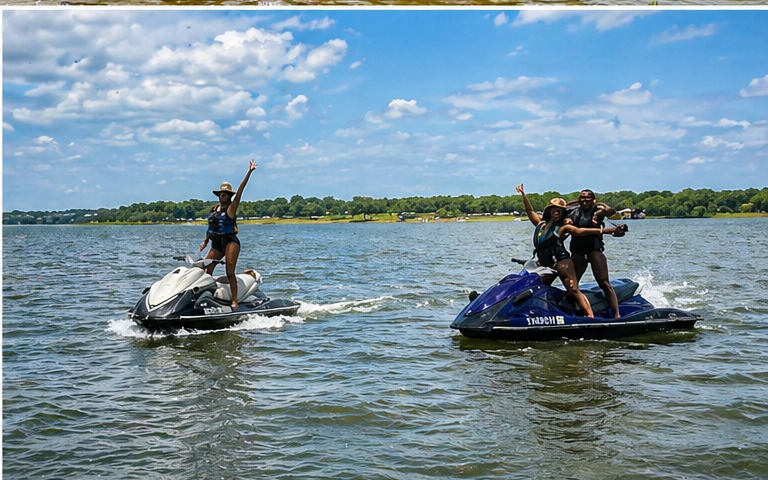Customers riding jet skis on Lake Lewisville